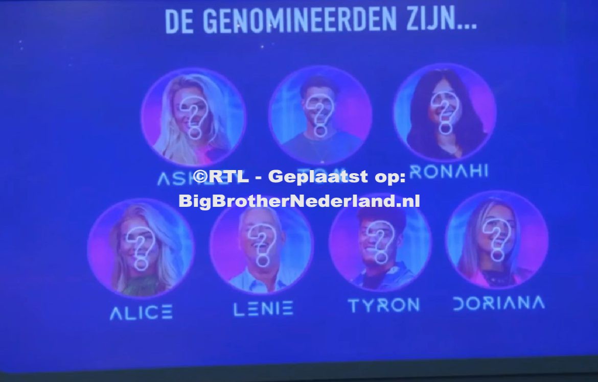 Big Brother roept de groep bij elkaar Ashley, Tom, Ronahi, Alice, Lenie, Tyron en Doriana zijn genomineerd
